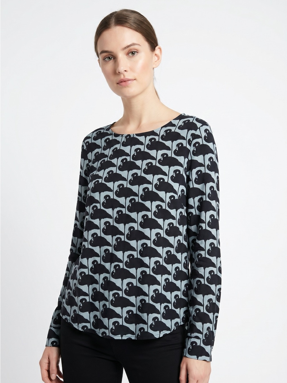 H&M Black and Light Blue Patterned Long-Sleeve Blouse